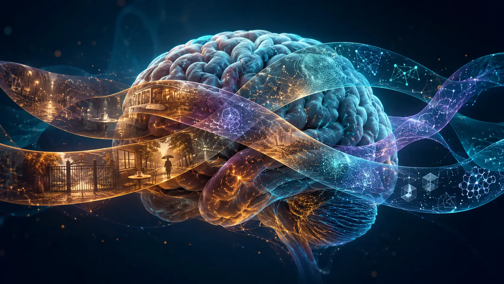 Brain with interwoven scenes and concept networks representing episodic and semantic memory.